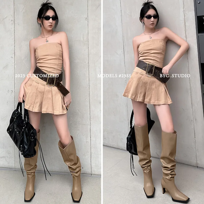 

MKKHOU Fashion Over Knee Boots Women New High Quality Genuine Leather Square Head Wide Barrel Pleated High Heel Modern Boots