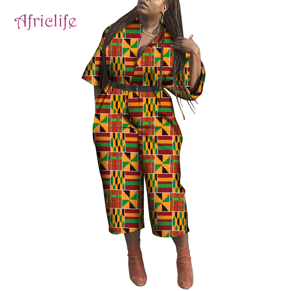 

African Print Dresses Women Jumpsuit Ankara Dashiki Printing Rompers with Belt Lady Clothing WY9304