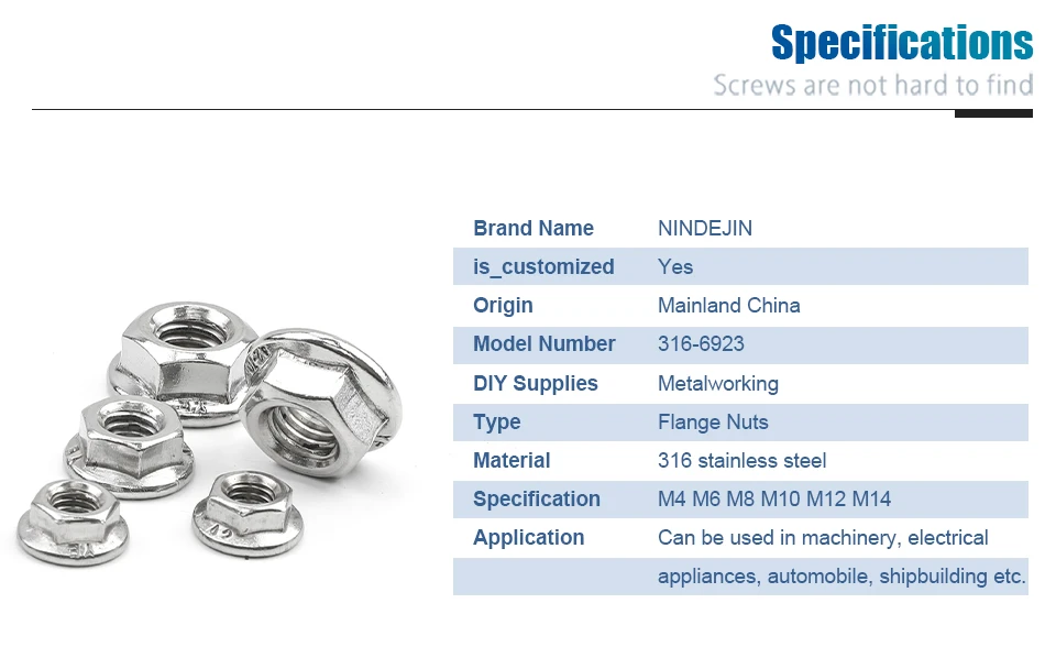 Description Picture 4 of itemNINDEJIN 1-20pcs Hex Hexagon Flange Nut M4 M5 M6 M8 M10 M12 M14 316 Stainless Steel Serrated Metric Hex Flange Lock Nuts DIN6923