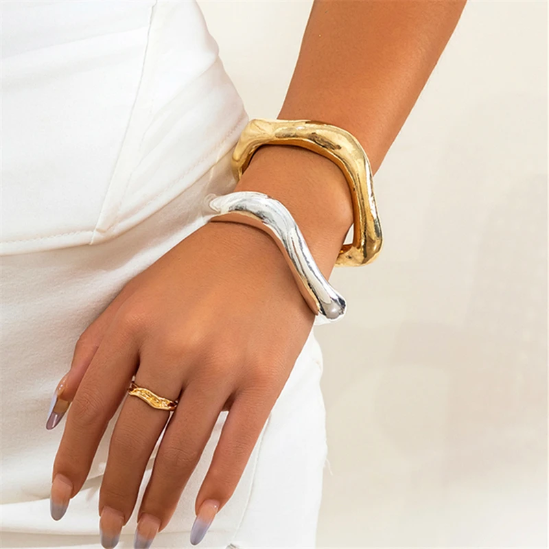 Exaggerated thick heavy metal women's cuff bracelet punk gothic irregular wide arm bracelet jewelry punk men's bangle bracelet