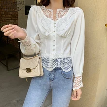  Spring Sweet V-neck Long Sleeve Shirt Women Tops Elegant White Lace Blosue 2022 New Lace Patchwork Slim-fit Clothes Blusas 18551 
