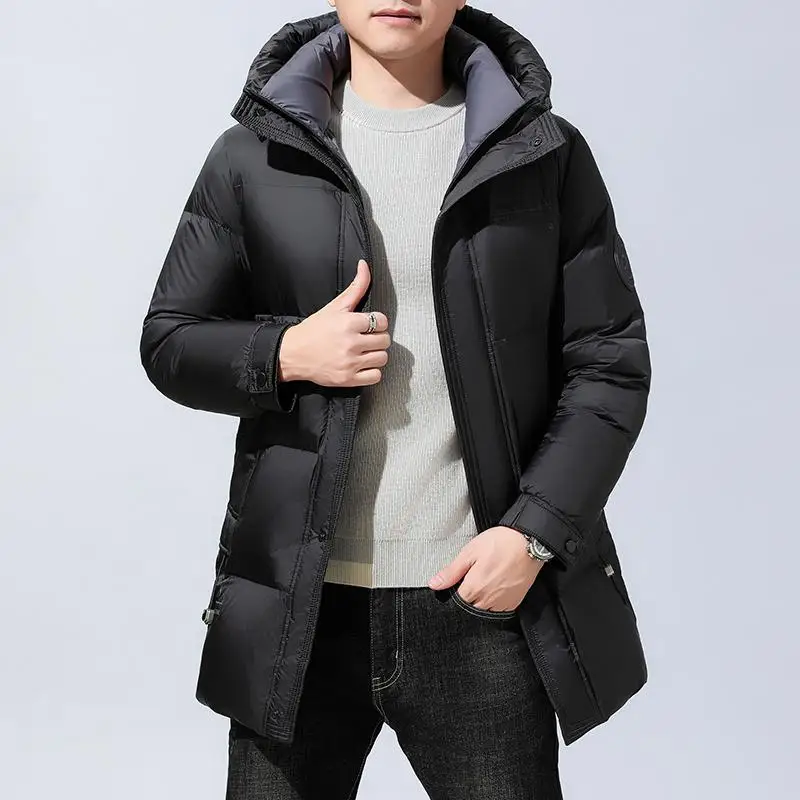 Casual Men's Winter Mid-Length Hooded 90% White Duck Down Jackets Outwear Windproof Warm Black Long Puffer Coat Thick Top Parkas