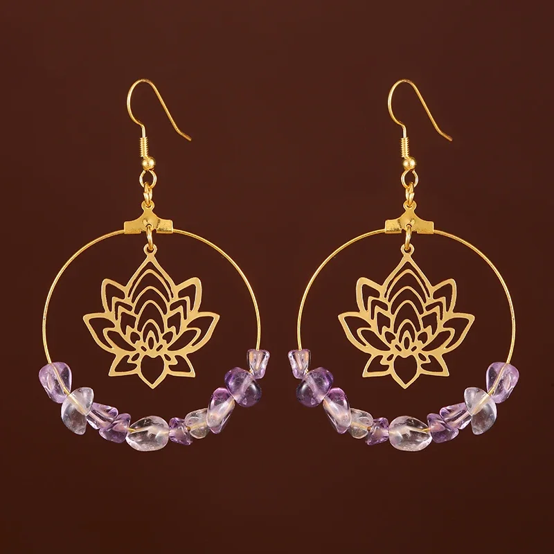 

Fashion Handmade Simple Design Gold Round Lotus Purple Crystal Pendant Earrings