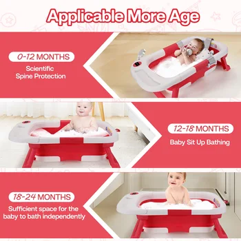 Baby Bathtub,Baby Bath Tub with Soft Cushion & Thermometer,Baby Bathtub Newborn to Toddler 0-36 Months,Portable Travel Baby Tub 4
