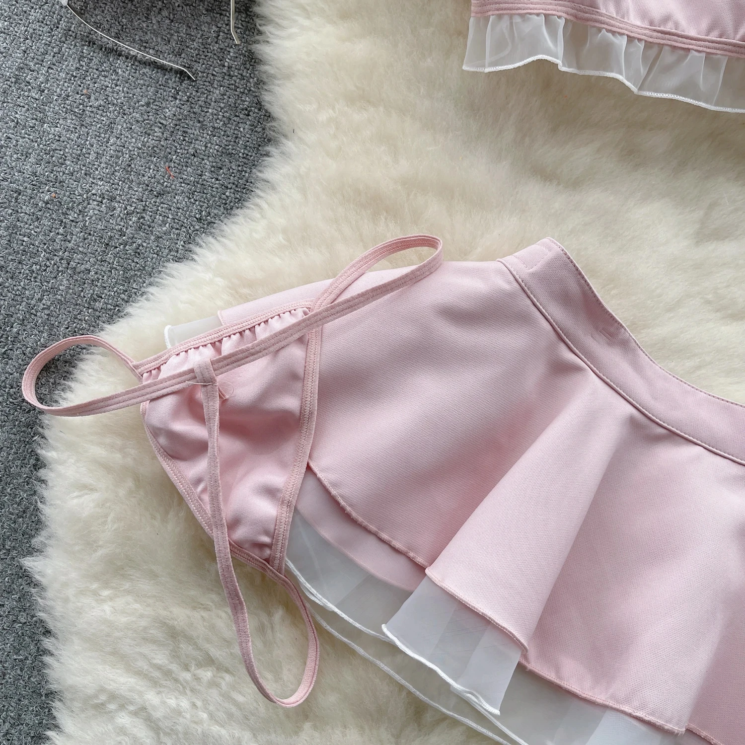 Hot Sweet Cosplay Uniform High Waist Hollow Ruffled Bubble Sleeve Short Top Cute Sexy Two Layer Sheer Short Skirt Two-piece Set