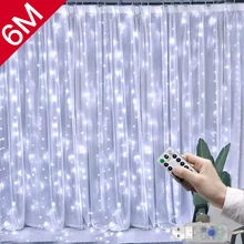 LED 커튼 화환 창문 USB 스트링 조명, 요정 축제, 원격 제어 크리스마스 웨딩 장식, 홈 룸, 6m, 4m