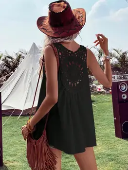 Women's Crochet Back Sleeveless Top, Casual V-Neck Boho Tank Top, Loose Flowy Summer Cami For Ladies
