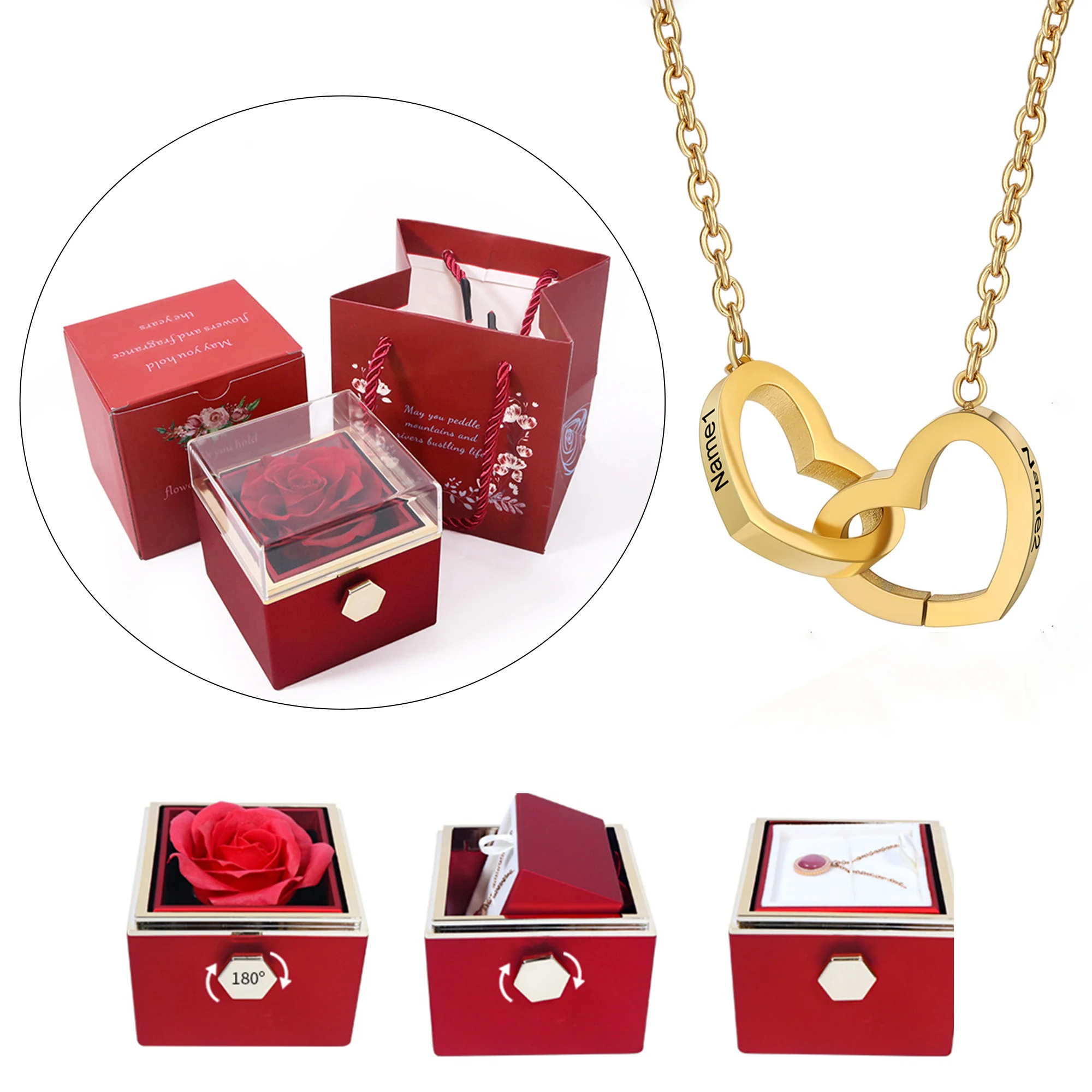 Engraved Double Name Heart Necklace with Rotating Rose Box Intertwined Heart Pendant Valentine's Day Jewelry Gift for Girlfriend storage boxes multi layer jewelry holder organizer case for earring tray rotating earrings container travel