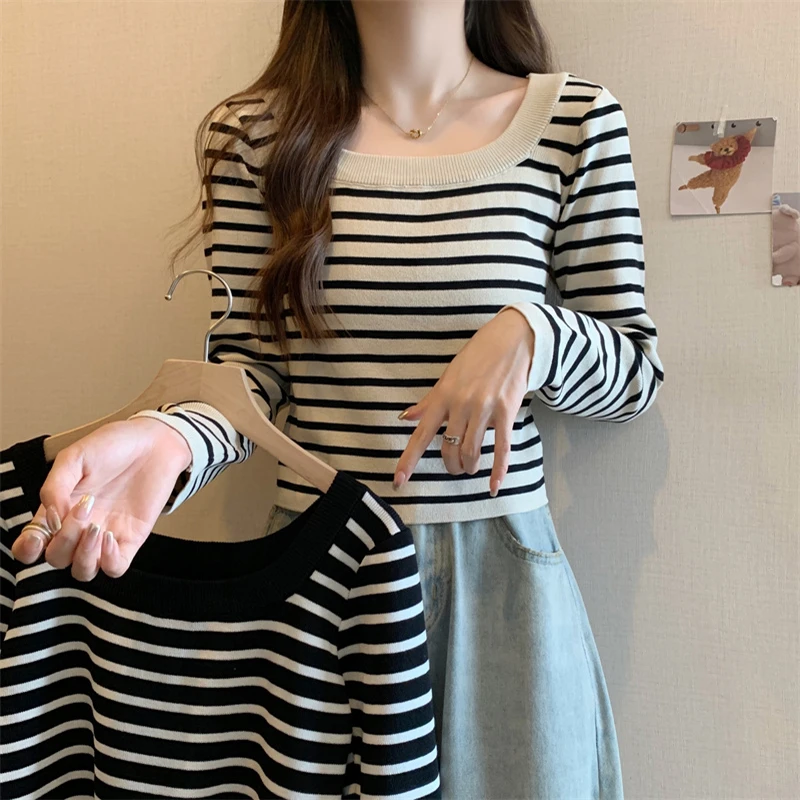 

Oversized Striped Knitwear 2023 Autumn New Square Collar Full Sleeve Pullovers Simple Slim Women T-shirts Casual Female Blouse