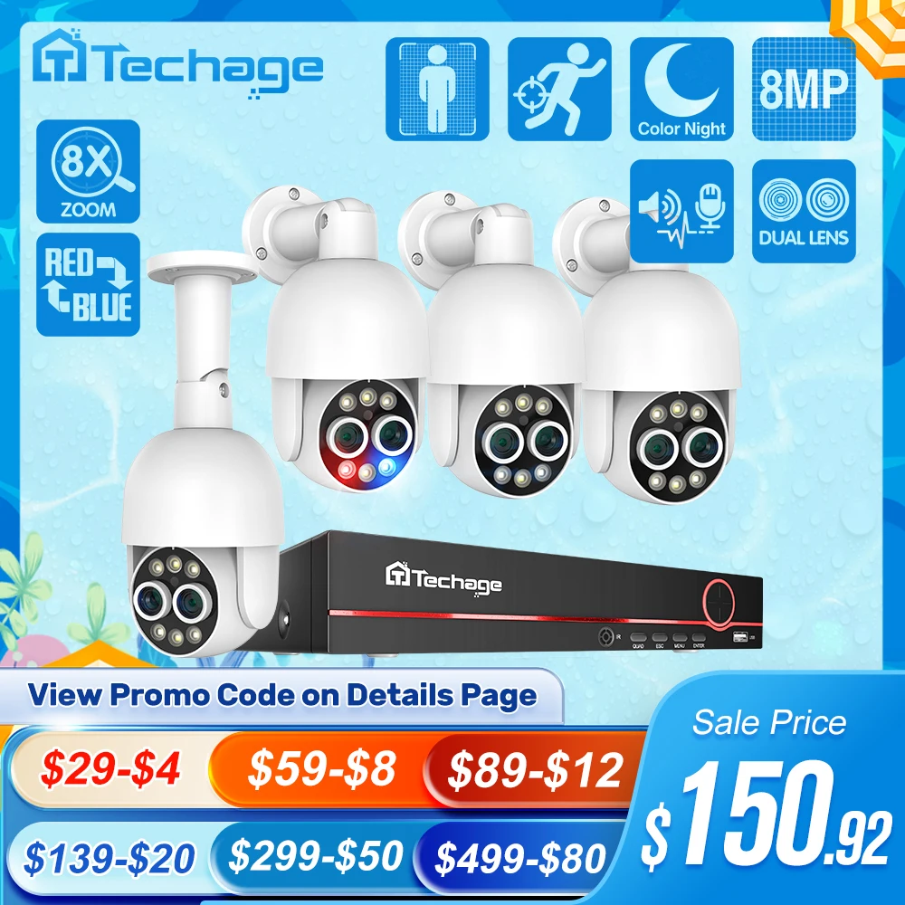 Techage 8CH Dual Lens 4MP + 4MP PTZ POE Camera System 8X Mix Zoon rilevamento umano H.265 AI CCTV Video Security Kit notte colorata