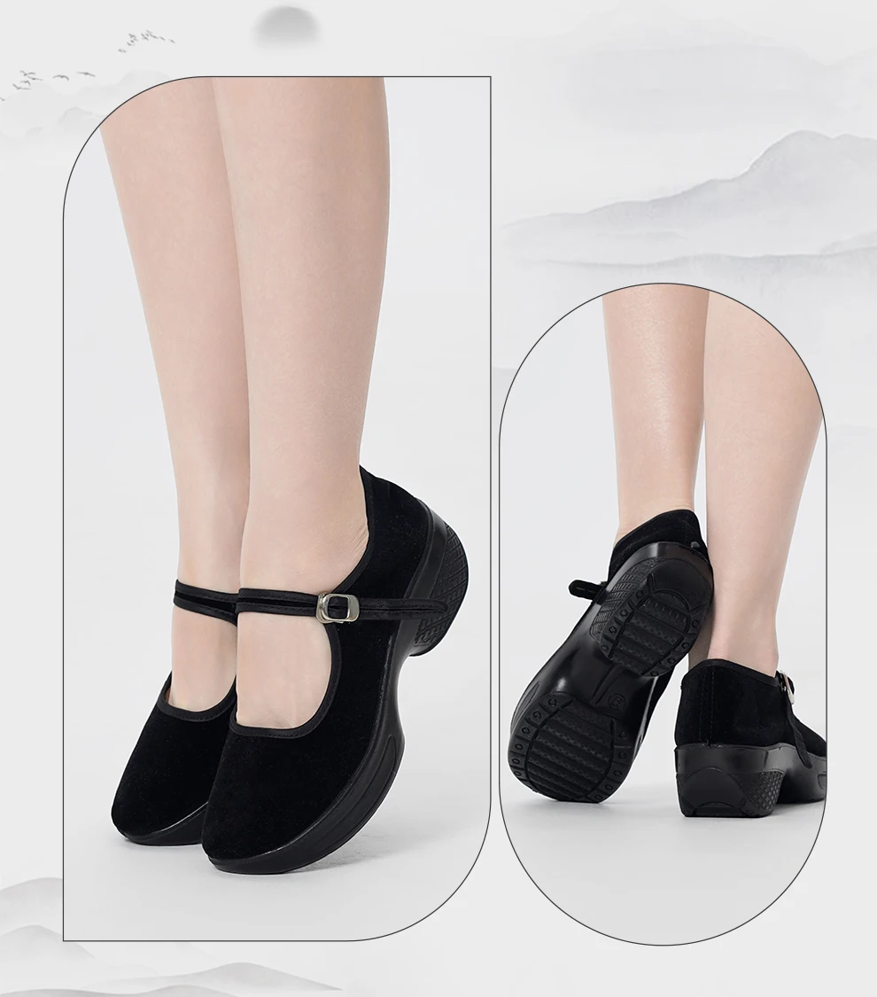 Damen-Mary-Jane-Schuhe aus schwarzem Samt mit Keilabsatz für Yangko-Tanzmädchen, rutschfeste ethnische Schuhe, Graduierungsexamen, spezialisierte Tanzschuhe – Detail 7
