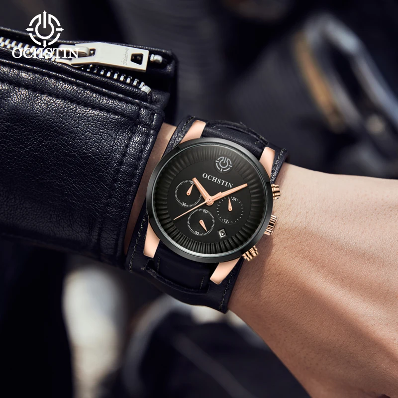 OCHSTIN New 2024 Fashion Chronograph Top Brand Luxury High Quality Leather Multifunction Quartz Movt Men's Quartz Watch For Men
