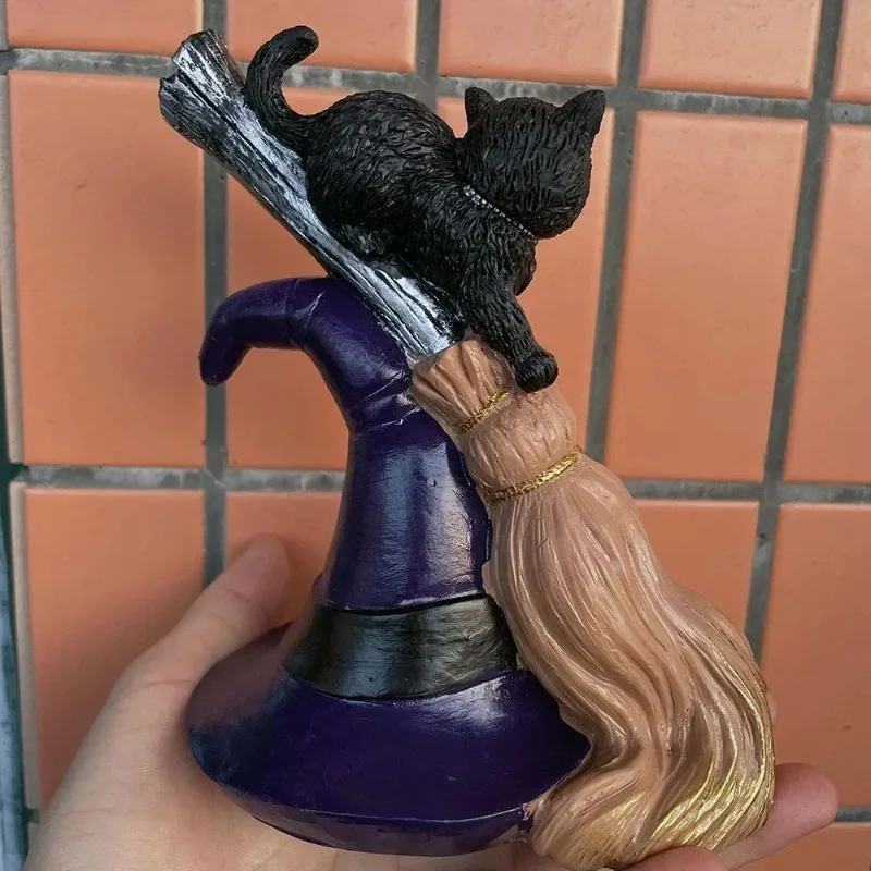 2026 Creative New Black Cat Broom Resin Crafts Dining Table Art Gifts Home Decoration Statue Halloween Desktop Decoration