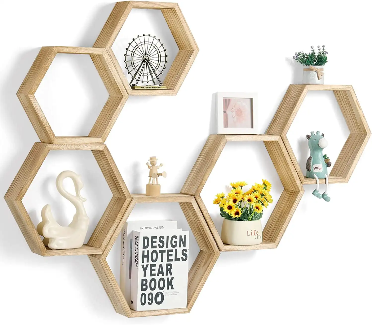 

Hexagon Floating Shelves Set of 6 Honeycomb Shelves for Wall, Light Brown