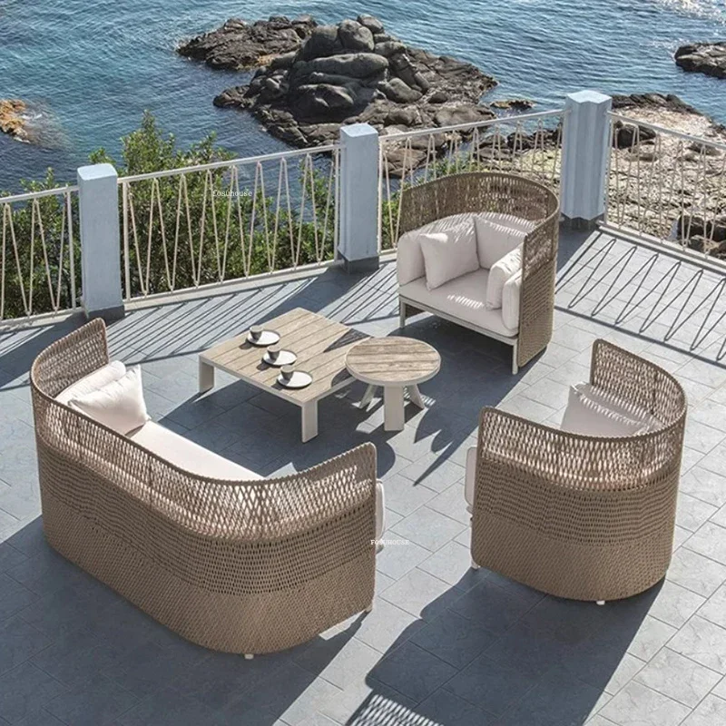 Home Outdoor Furniture Nordic Rattan Outdoor Garden Sofas Leisure Living Room Sofa Sunscreen Waterproof Balcony Garden Sofa Sets