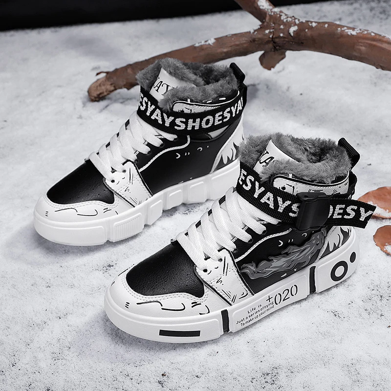 Fashion Children's Graffiti Sneakers Boys Warm Personality Plush Cotton Shoes Outdoor Comfortable High-Top Shoes Tenis Masculino