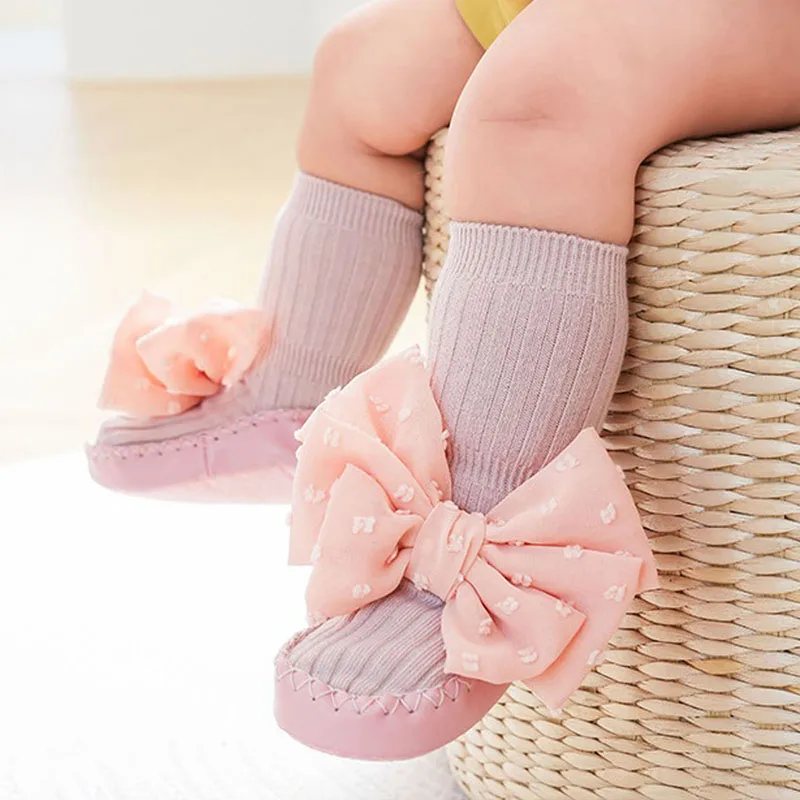 EWODOS Newborn Baby Girl Sock Shoes Cute Bowknot Soft Sole Non-slip Floor Slippers Walking Shoes Toddler Infant Baby Crib