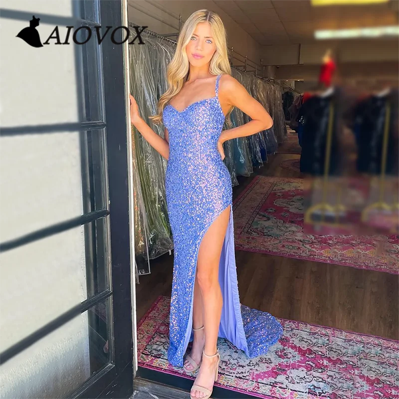 

AIOVOX Prom Dress Sweetheart Sequin Mermaid Evening Gown Elegant Lace-up Back High Slit Floor-length Vestido De Noche for Women