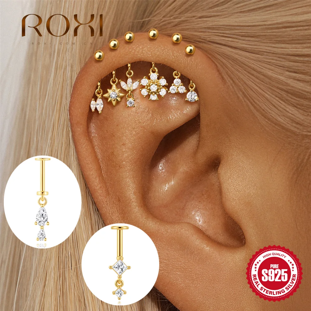 ROXI 925 Sterling Silver Unusual Octagonal Star/Horse Eyes Zircon upper ear cliff Earrings For Women Men 1piece Piercing Earring