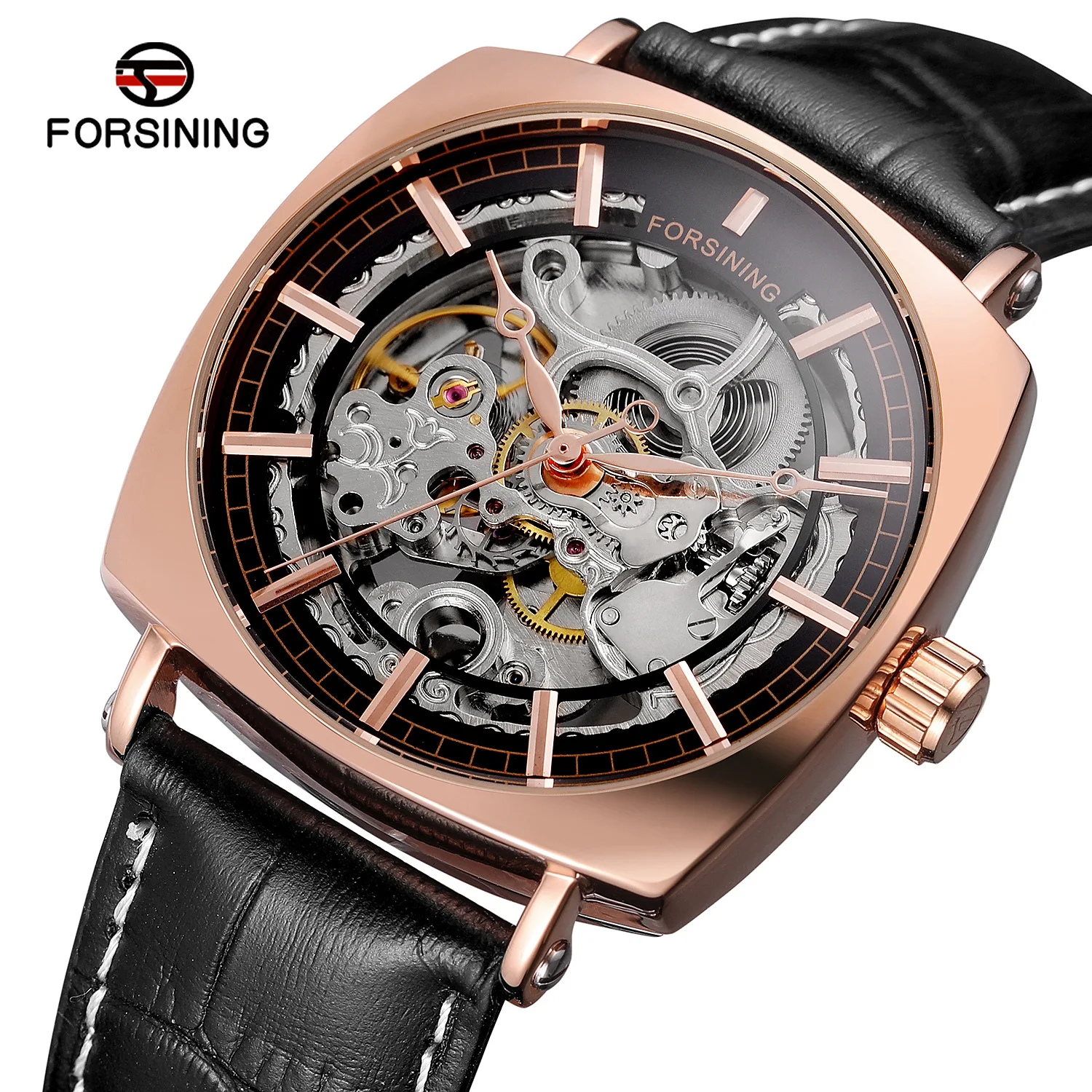

2024 Fashion Forsining Top Brand Genuine Leather Men's Automatic Mechanical Square Dial Casual Hollow Out Business Wrist Watches