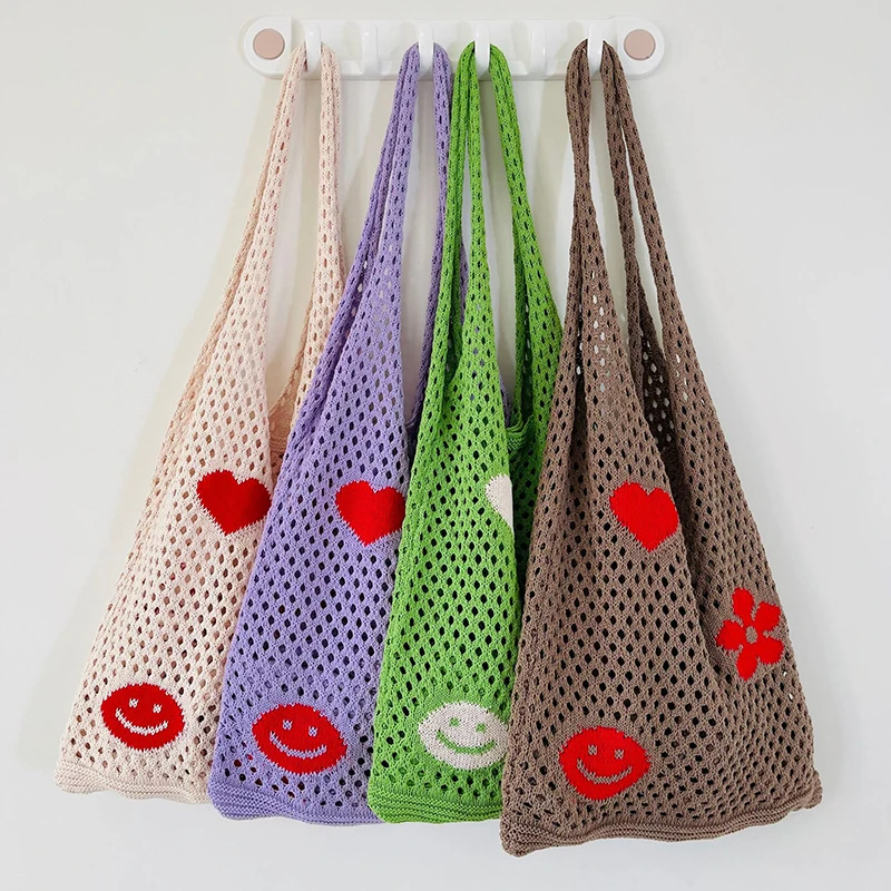 

Ellovado 2023 Female Tote Bags Lady Knitting Gypsy Boho Chic Aztec Handbag Women Crochet Woolen Open Shopper Top-handle Bag