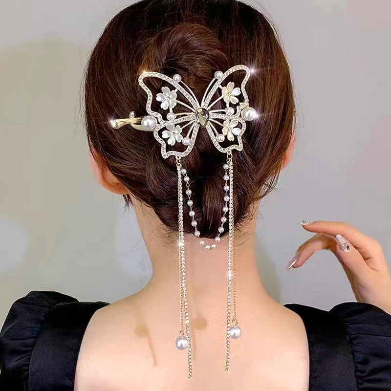 

Pearl Butterfly Tassel Hair Clip For Women Girls Rhinestone Ponytail Clip Hairpins Jewelry Chinese Style Hanfu Hair Accessories