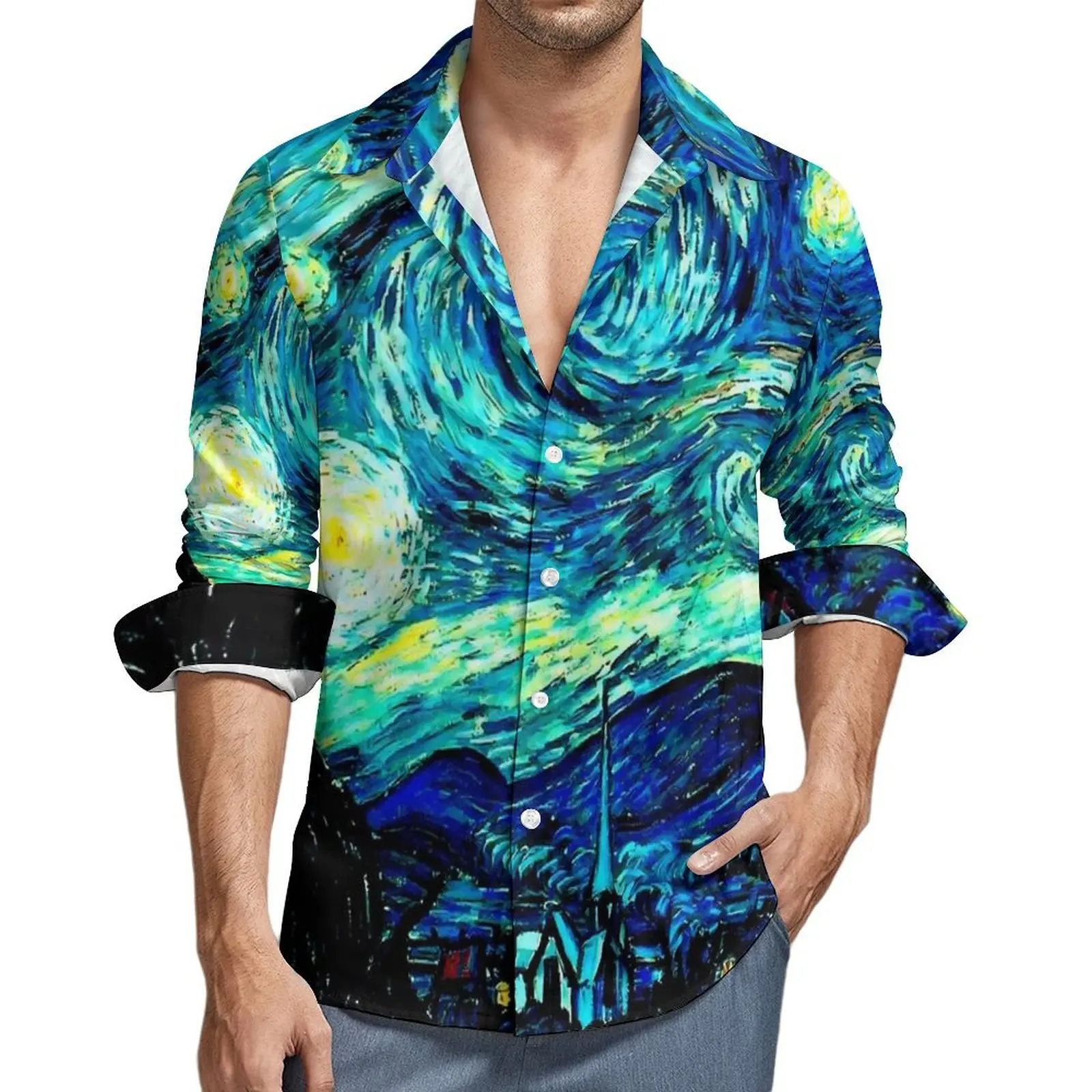 

Male Shirt Starry Night Famous Painting Casual Shirts Long Sleeve Vincent Van Gogh Street Blouses Autumn Elegant Oversize Tops