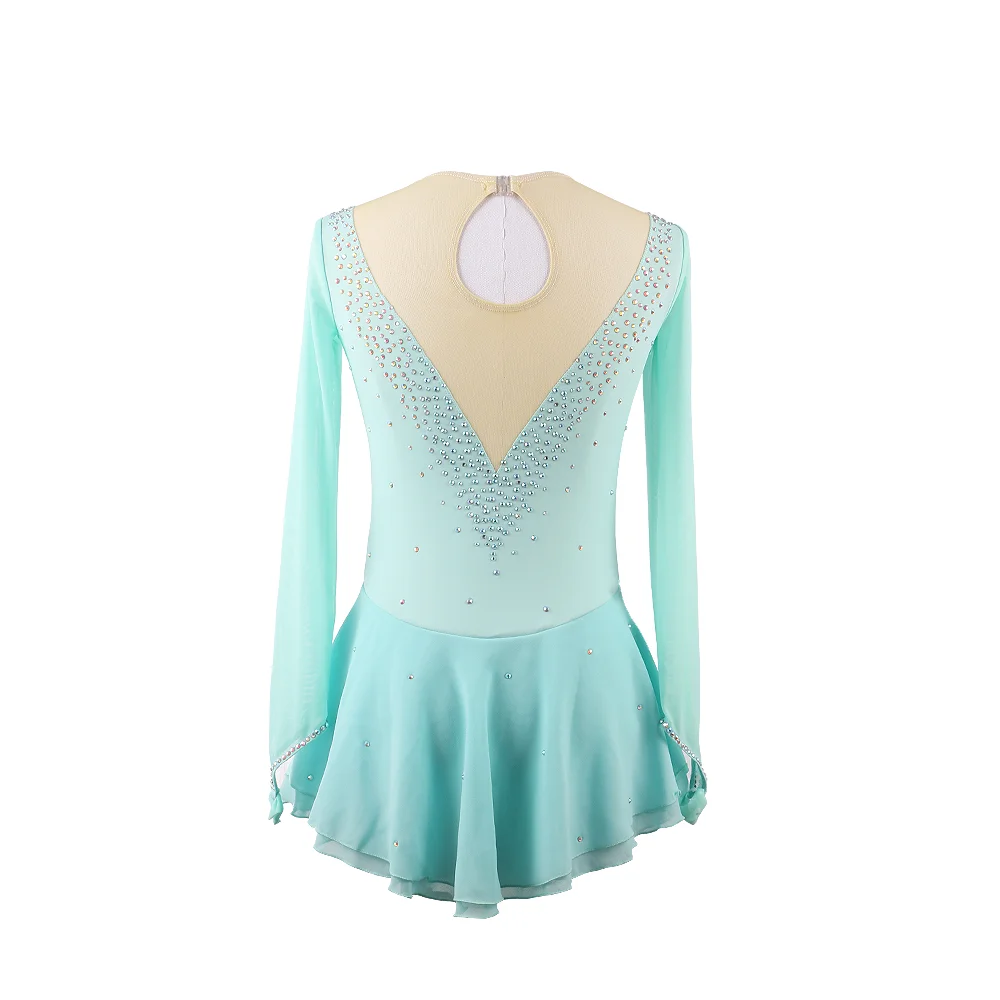 Zagitova Figure Skating Performance Dress Women Girls Ice Skating Skirt Long Sleeve Mint Color Mesh Skirt Competition
