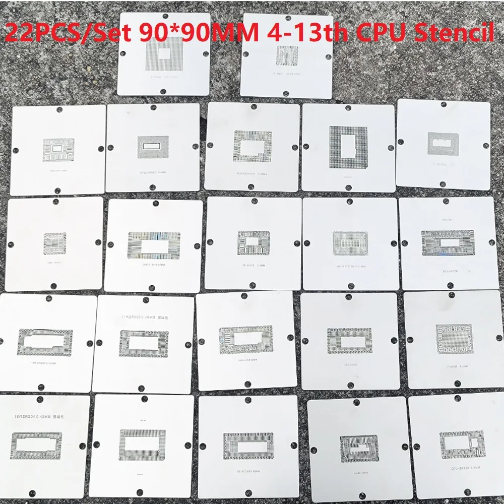 22Pcs Set CPU Stencil For Intel 4th-13th Generation SRGOV SRK02 SRLD8 SR170 SR2FQ BGA Ball Planting Steel Mesh 90x90MM