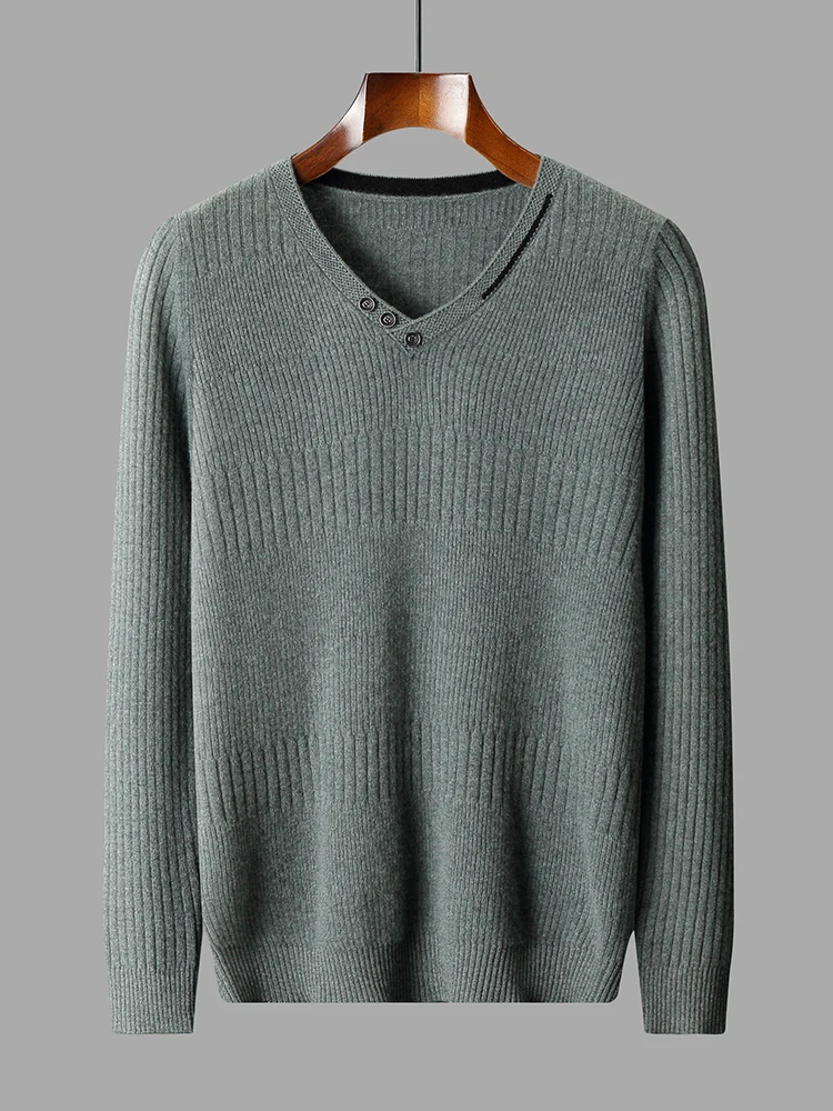 Autumn Winter New 100% Pure Wool Cashmere Sweater Men's V-neck Knitted Pullover Casual Solid Color Knitted Base Sweater Menswear 4