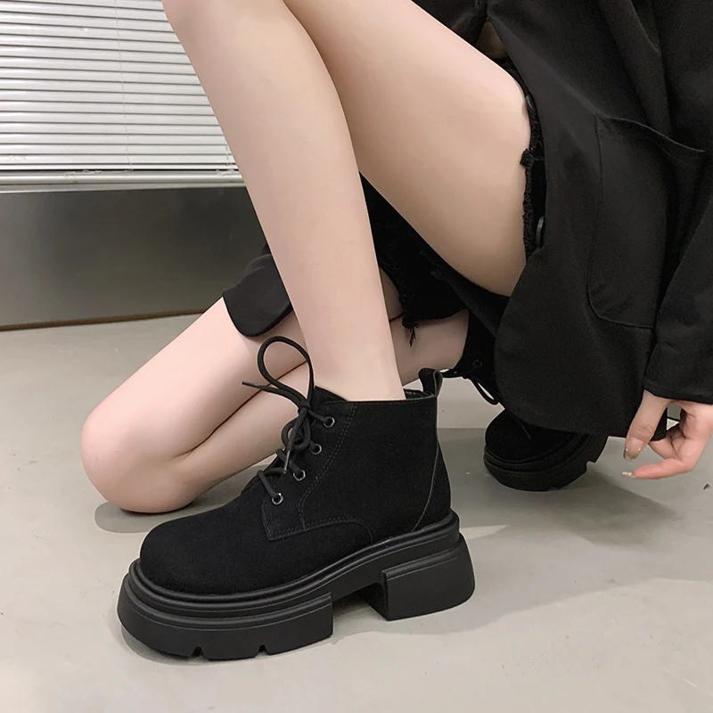 Ladies Shoes High Quality Lace Up Women's Boots Autumn British Style Suede Round Toe Solid Short Barrel Platform Fashion Boots