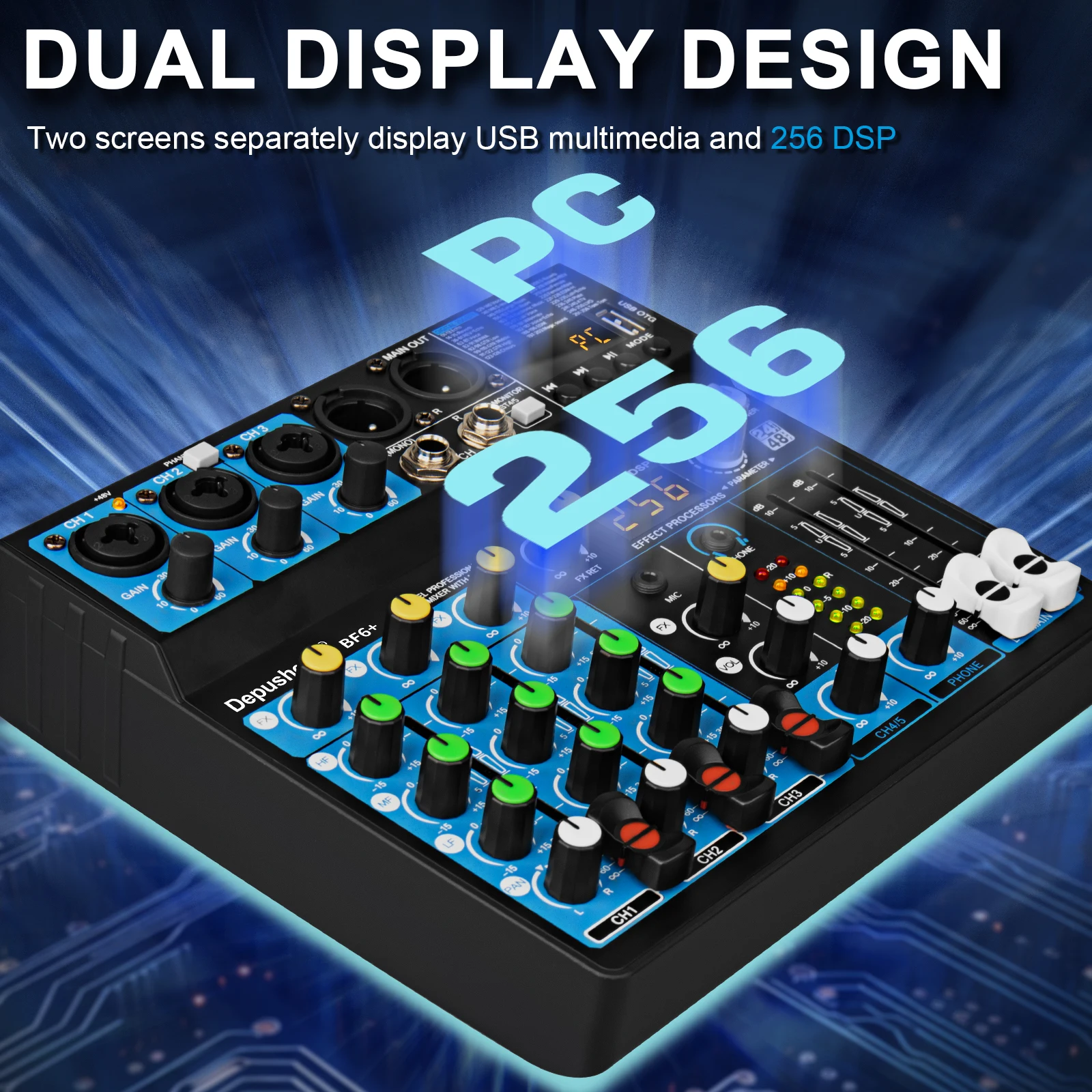 5 Channel USB Mixer Depusheng DJ Sound Controller Mini Mixer Professional Audio Portable Sound Mixing Console with 256 DSP