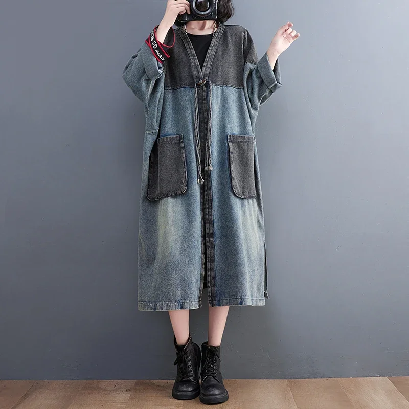 

SuperAen Denim Contrast Stitching V-neck Long Coat Retro Loose Oversize Long Sleeve Windbreaker Coat Female Autumn 2022