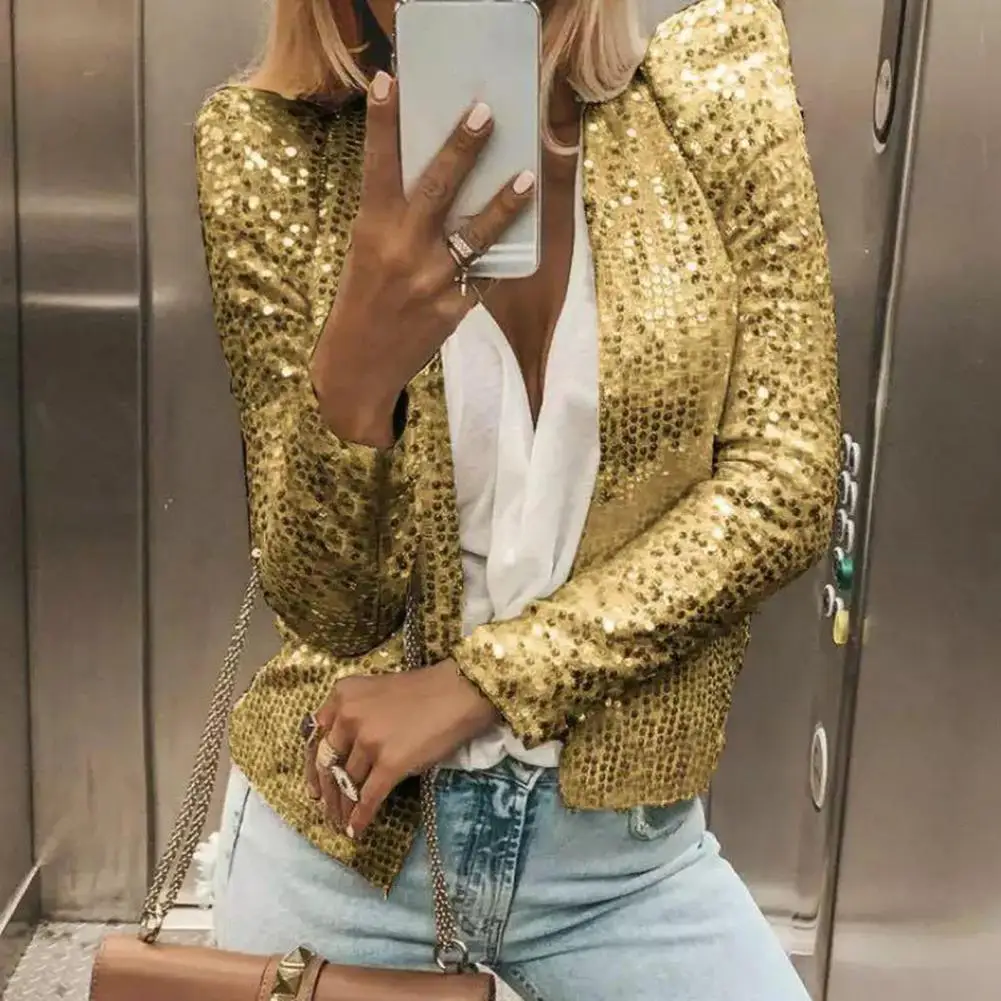 

Women Jacket Puff Sleeve Sequin Shrug Open Front Crop Jacket Sequin Decoration Streetwear Lady Jacket Female Clothing