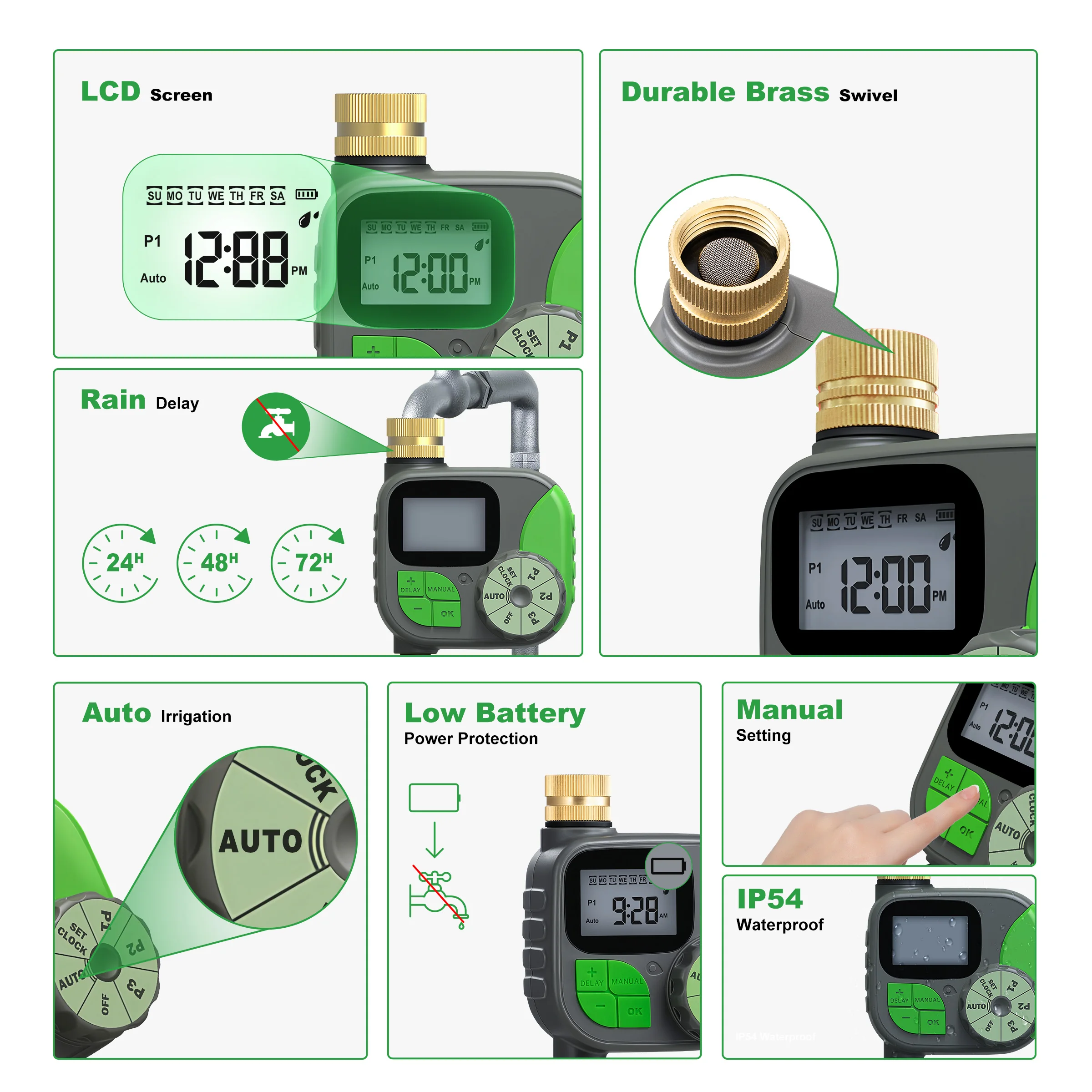GIRIER Water Timer Programmable Sprinkler Timer with Brass Inlet LCD Screen Automatic Irrigation Controller for Garden/Yard/Lawn 2