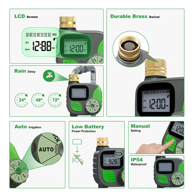 GIRIER Water Timer Programmable Sprinkler Timer with Brass Inlet LCD Screen Automatic Irrigation Controller for Garden/Yard/Lawn 2