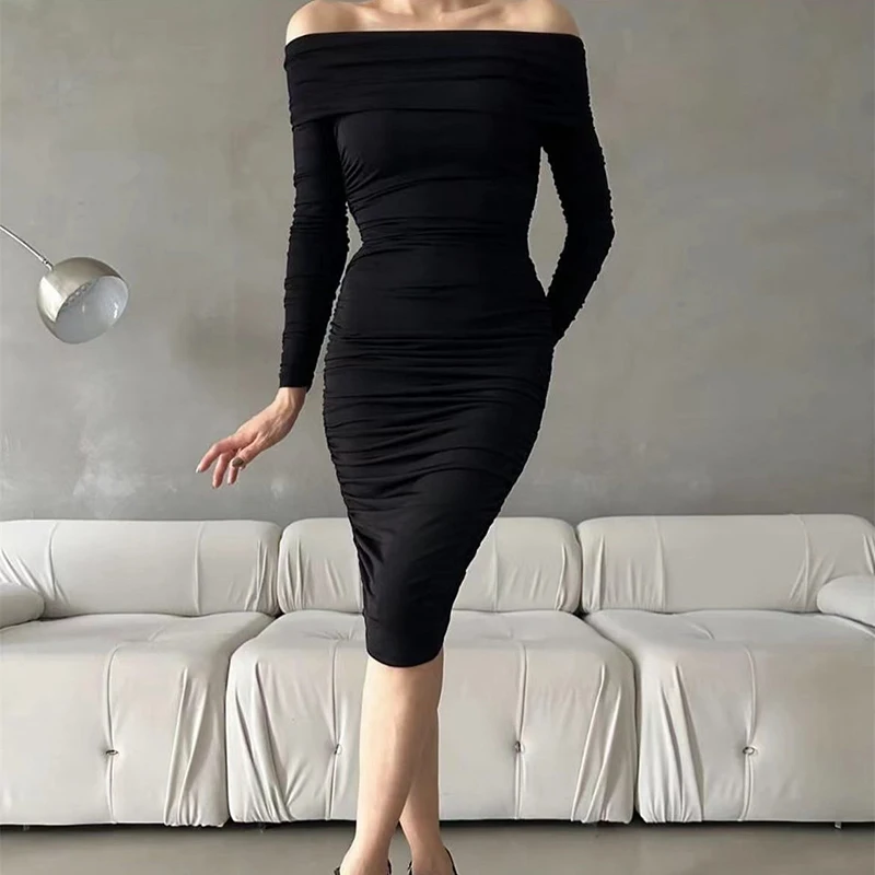 

Lady Sexy Slash Neck Draped Long Party Dress Spring Off Shoulder Slim Bodycon Office Dress Women Long Sleeve Backless Maxi Dress