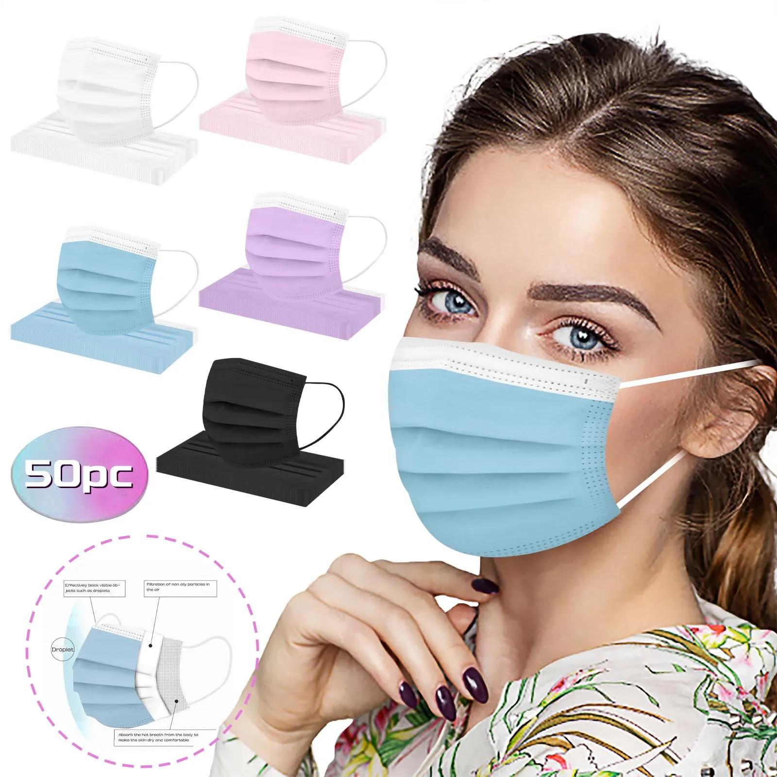 50 Pieces Of Non-woven Adult Mask Disposable 3-layer Safety Mask Outdoor Dust-Proof Face Protective Disposable