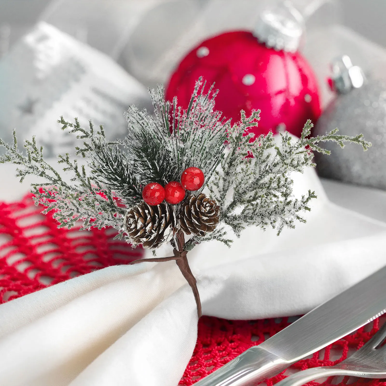 Red Fruit Napkin Ring Table Decoration Christmas Cedar Champagne Bottle 6pcs New Party
