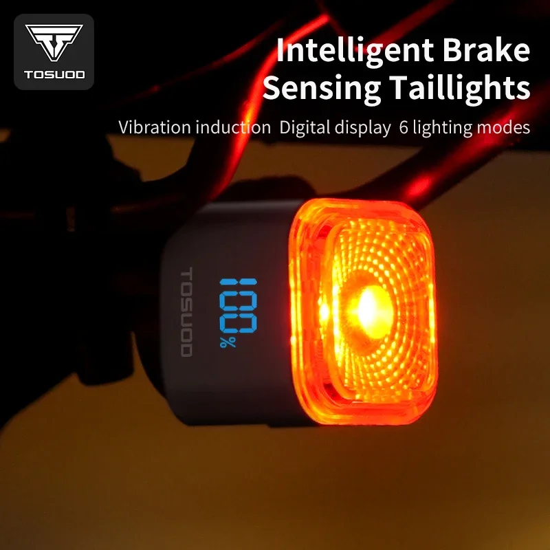 TOSUOD Bicycle Taillight IPX5 Waterproof 6 Lighting Modes Type-C Charge Brake Sensing 500mAh LED Taillight Bike Accessories