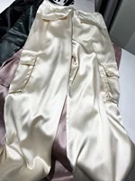 Silk Pink Drawstring Satin Baggy Cargo Pants Women Summer Solid Black Beige Gray Wide Leg Trousers Streetwear Vintage Bottoms 2
