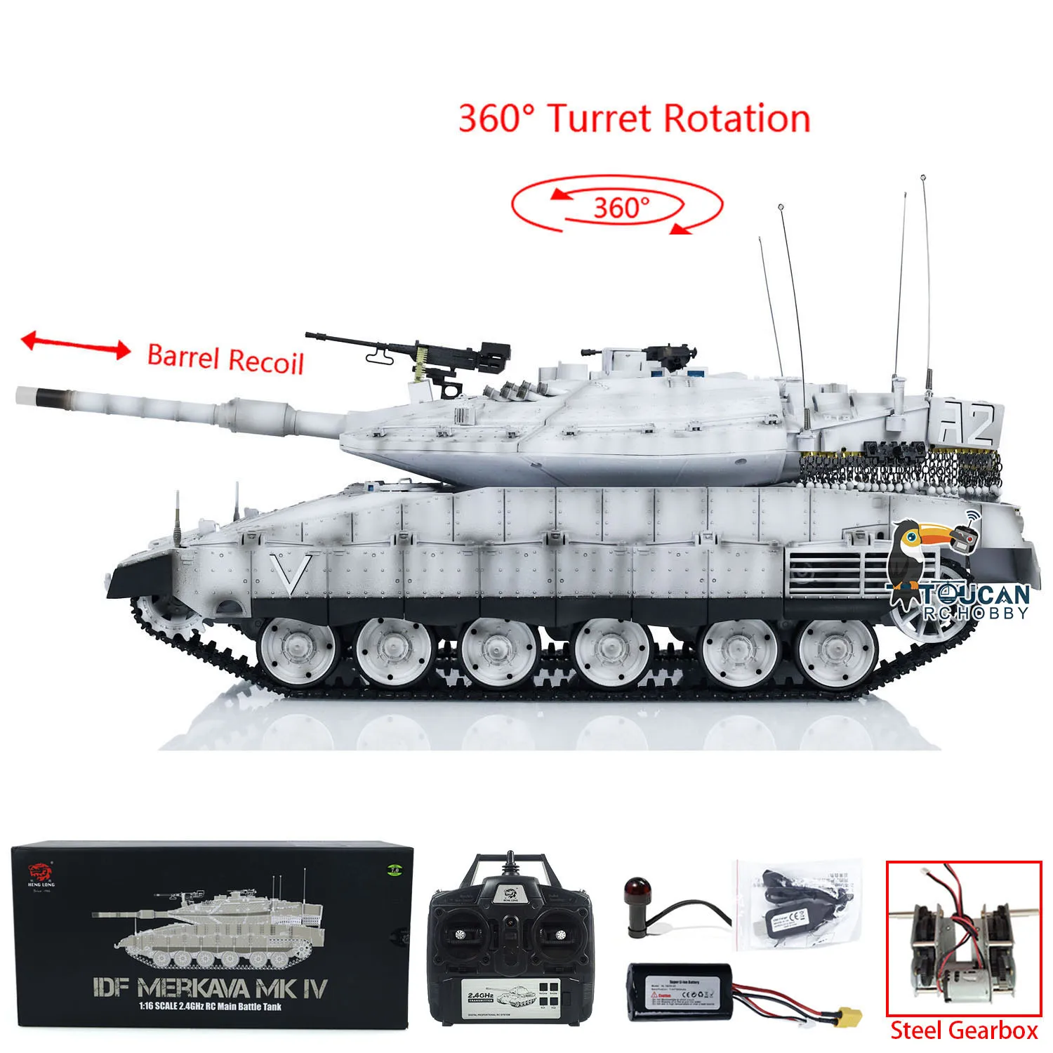 1/16 Heng Long Military RC White Tank Plastic IDF Merkava MK IV 3958 Turret 360° Rotary Barrel Recoil Panzer Model Toys TH23437 4