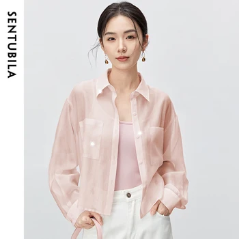 SENTUBILA Lyocell Women Shirt 2026 Spring Summer Lapel Neck Long Sleeve Crop Solid Pockets Lace-up Female Cozy Blouse 142C54323 1