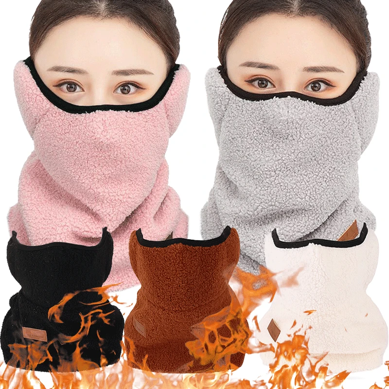 

Winter Fleece Ear Neck Protection Mask Women Thick Plush Warm Balaclava Ski Windproof Hat Beanies Skull Beanies Face Mask