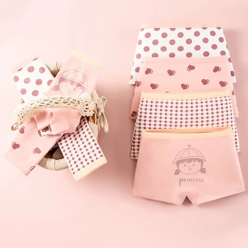Children Underwear 4 Packs Cotton Girls Boxer Briefs Pink Cute Cartoon Kids Underwear Panty Antibacterial Breathable Girls Undies