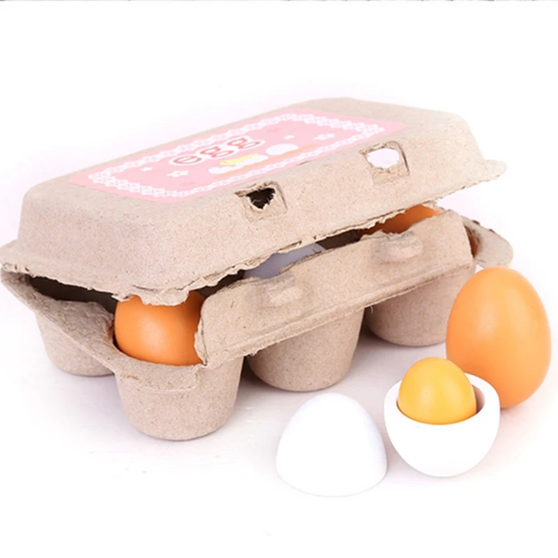6pcs Simulation Wooden Eggs Toys Set Kids Pretend Play Wood Food Eggs Yolk Kitchen Food Children Kid Education Montessori Toys 2