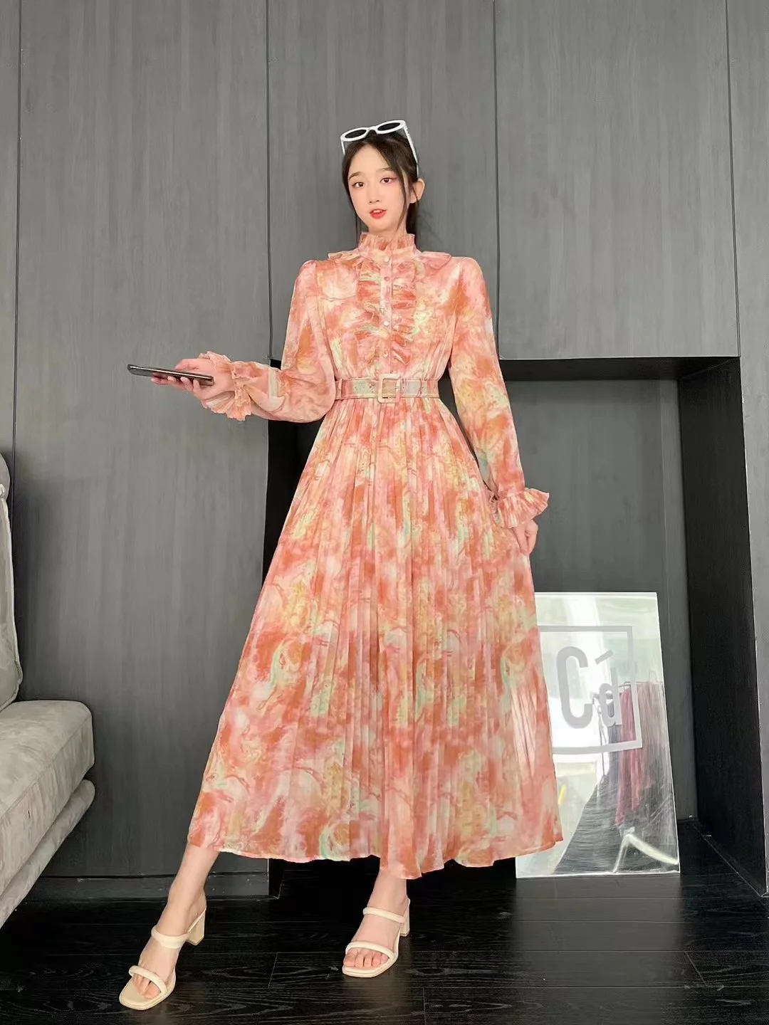 Muslim Turkey New Spring Women Long Sleeve Belt Slim Long Dress Sweet Ruffles Patchwork Pleated Big Hem Chiffon Floral Dress