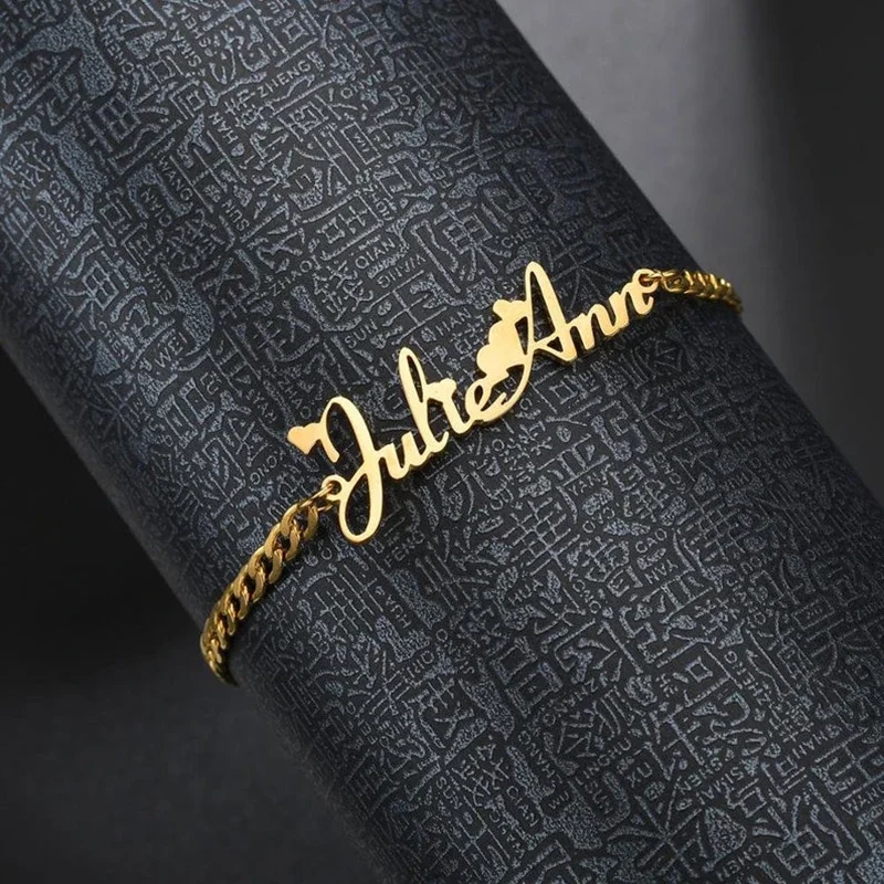 Classical Personalized Custom Name Bracelet Stainless Steel Handmade Cuban Gold Chain Logo Engraved Name Bracelet Women Jewelry
