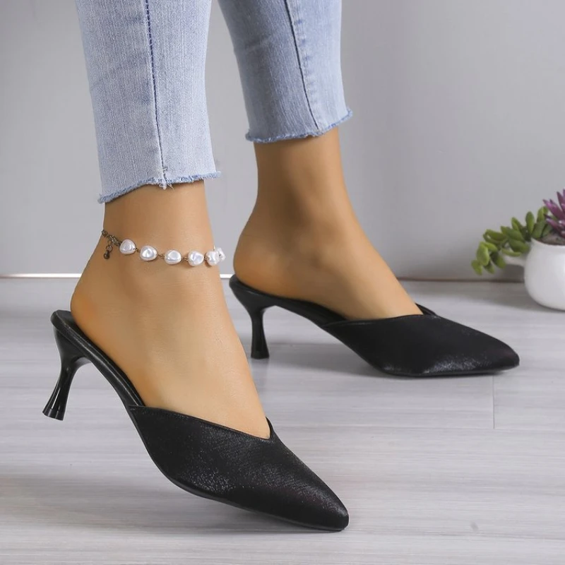 

Women High Heels Mules Shoes Women Luxury Dress Flip Flops Female Summer New Pointed Elegant Slippers Slingback Pumps Slides2024