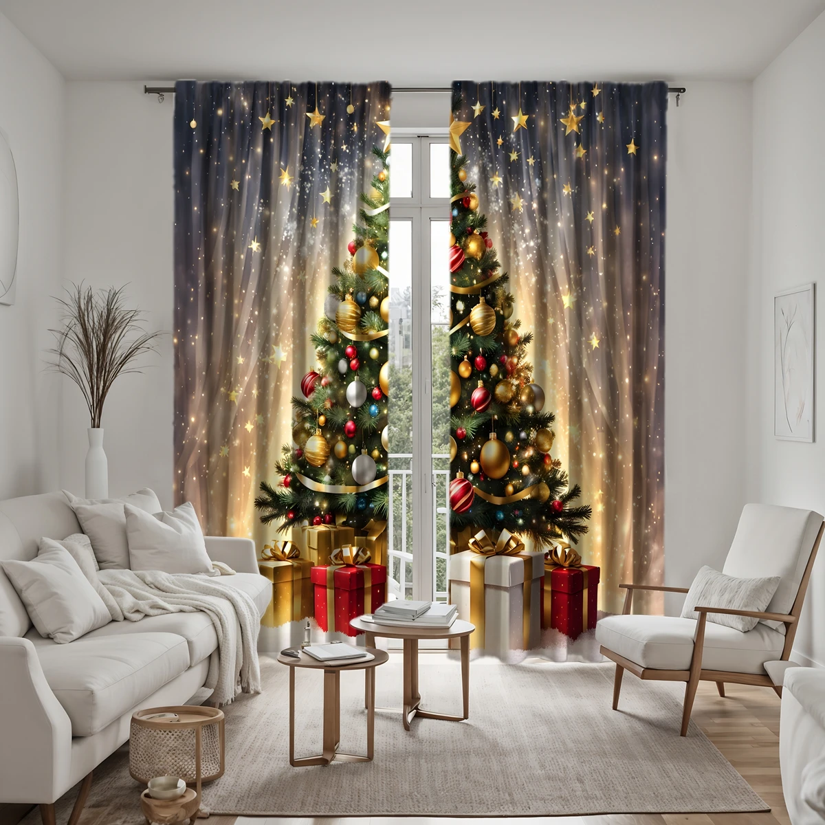 2pcs HD Starlight under Christmas tree gift box decorative curtain Yellow tie digital printed curtain Home decoration style d 6